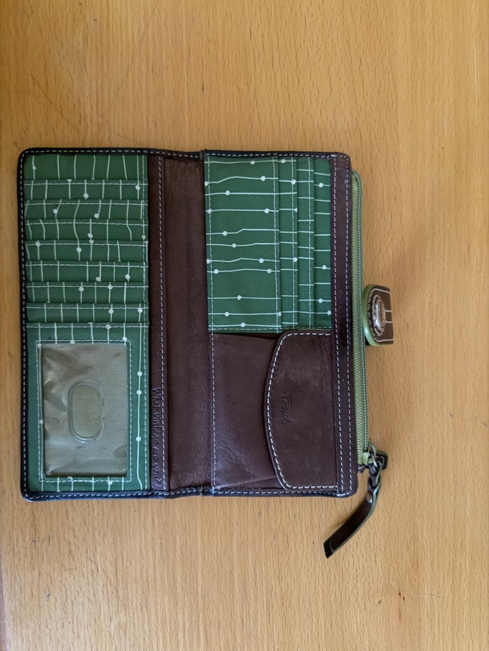 Fossil Brown Leather Wallet with Green Accent Stitching - Picture 2 of 4